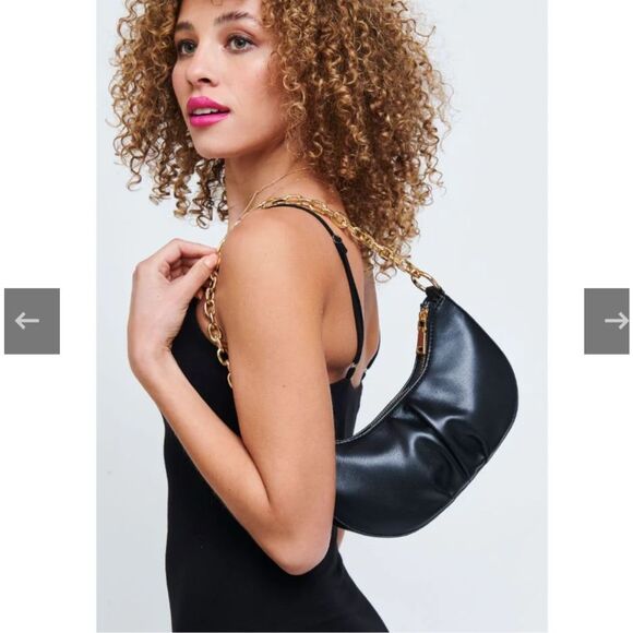 Faux Leather Halfmoon Baguette Bag with Chunky Chain Strap - Picture 11 of 13